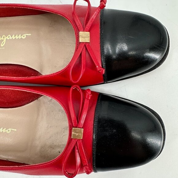Salvatore Ferragamo Red Leather Cap Toe Bow Block Heel Vintage 6.5 Heel Shoes - Picture 3 of 9